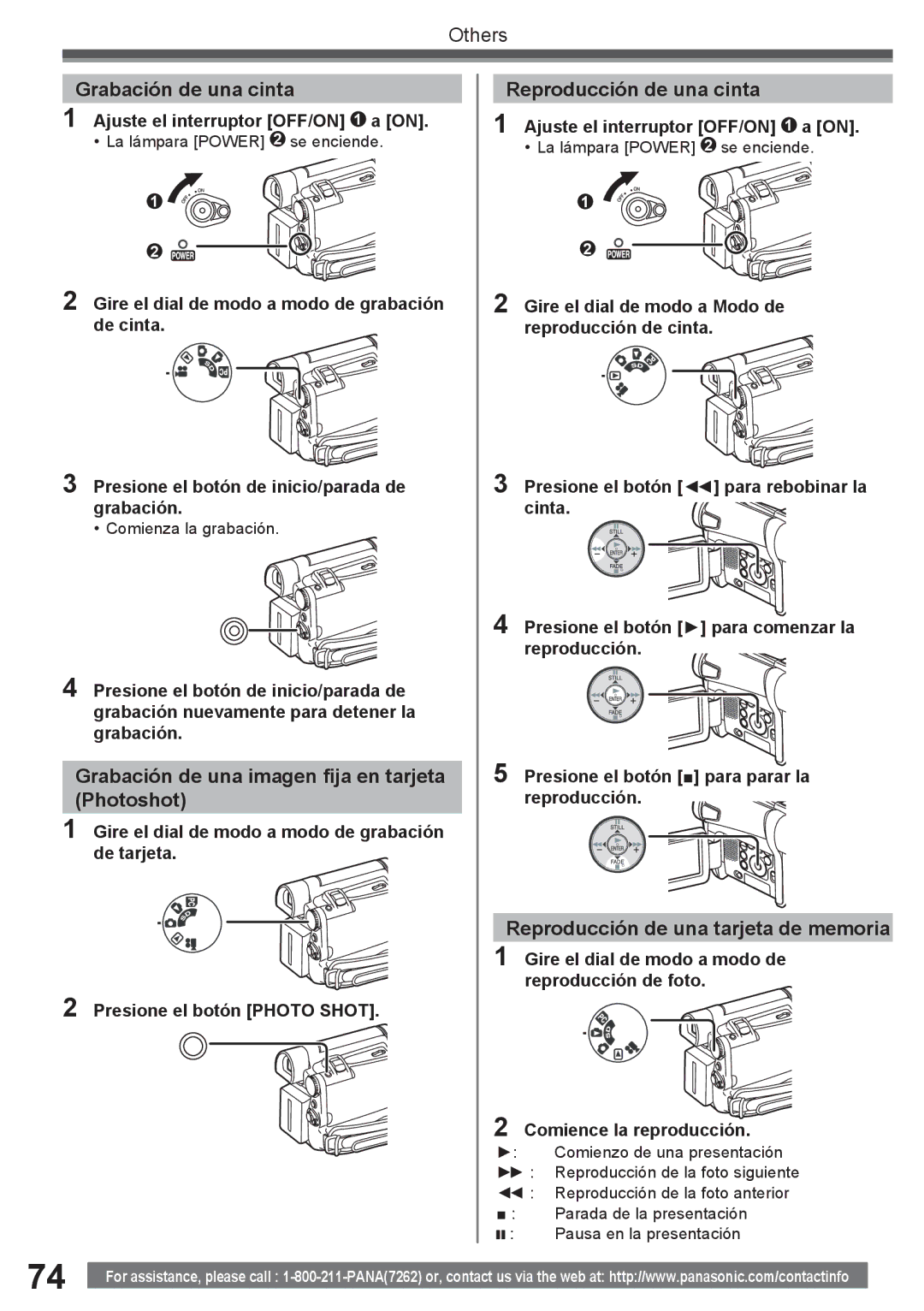 Panasonic PV-GS16 Grabación de una cinta, Grabación de una imagen fija en tarjeta Photoshot, Reproducción de una cinta 