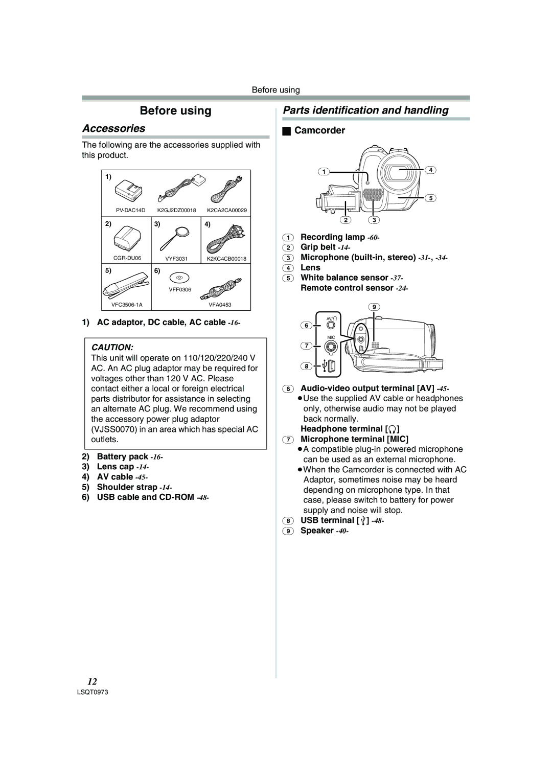 Panasonic PV-GS180 operating instructions Accessories, Parts identification and handling, Camcorder 