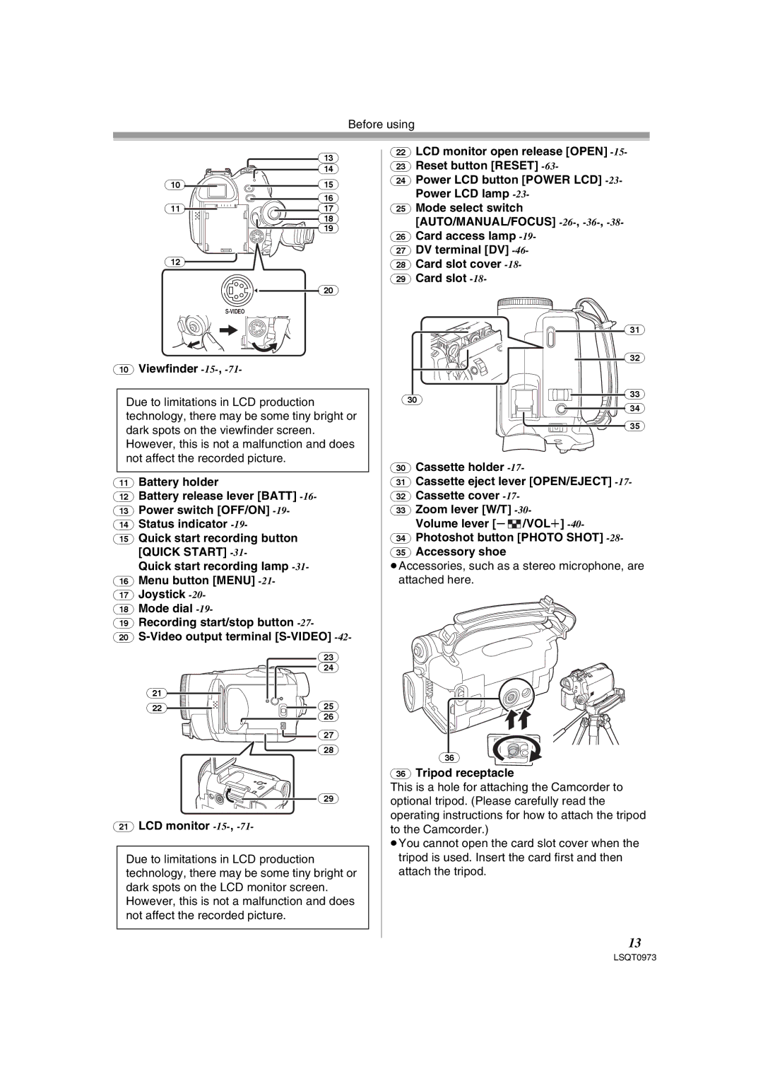 Panasonic PV-GS180 operating instructions Viewfinder -15, Tripod receptacle 