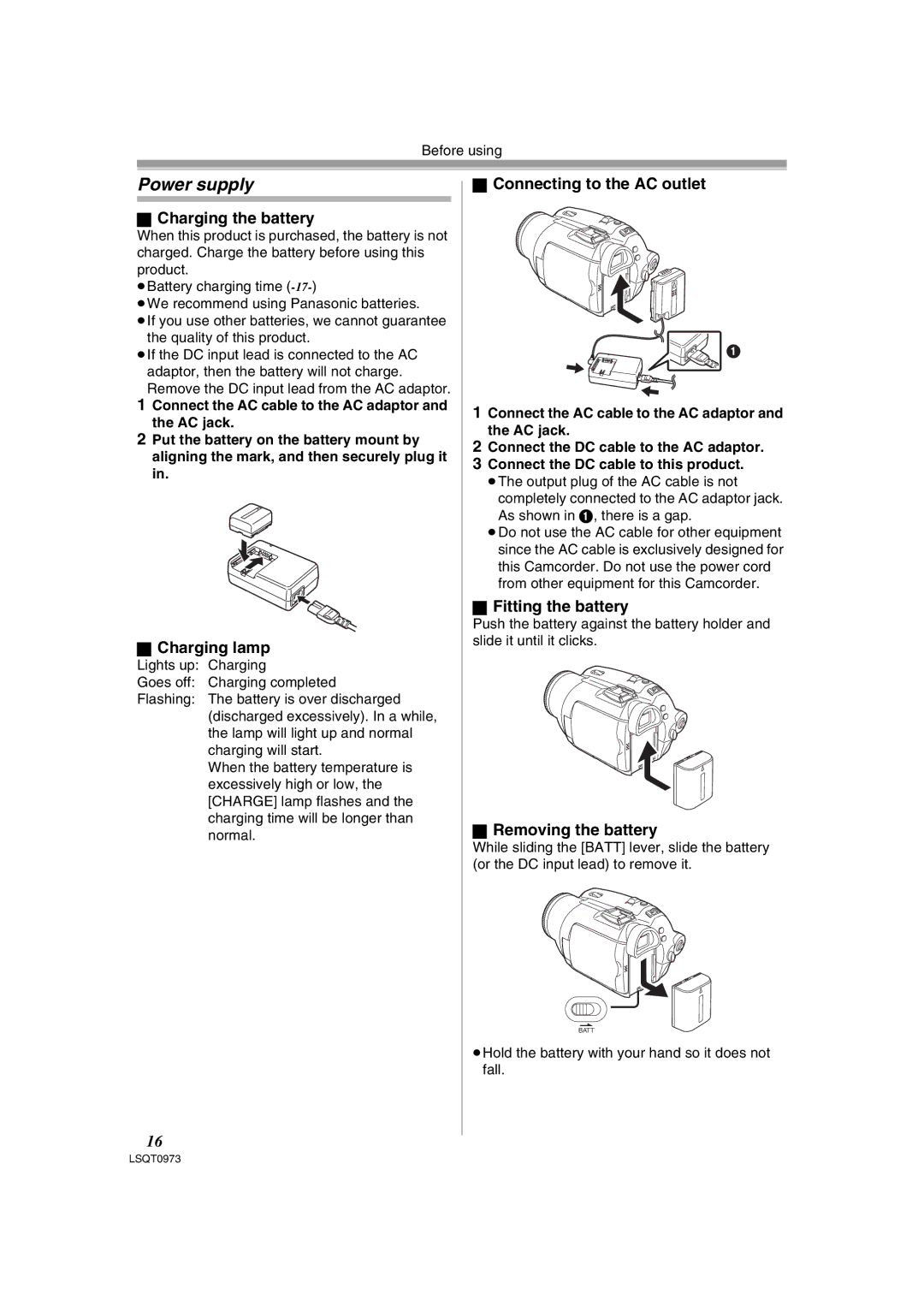 Panasonic PV-GS180 operating instructions Power supply, Charging lamp, Connecting to the AC outlet, Removing the battery 