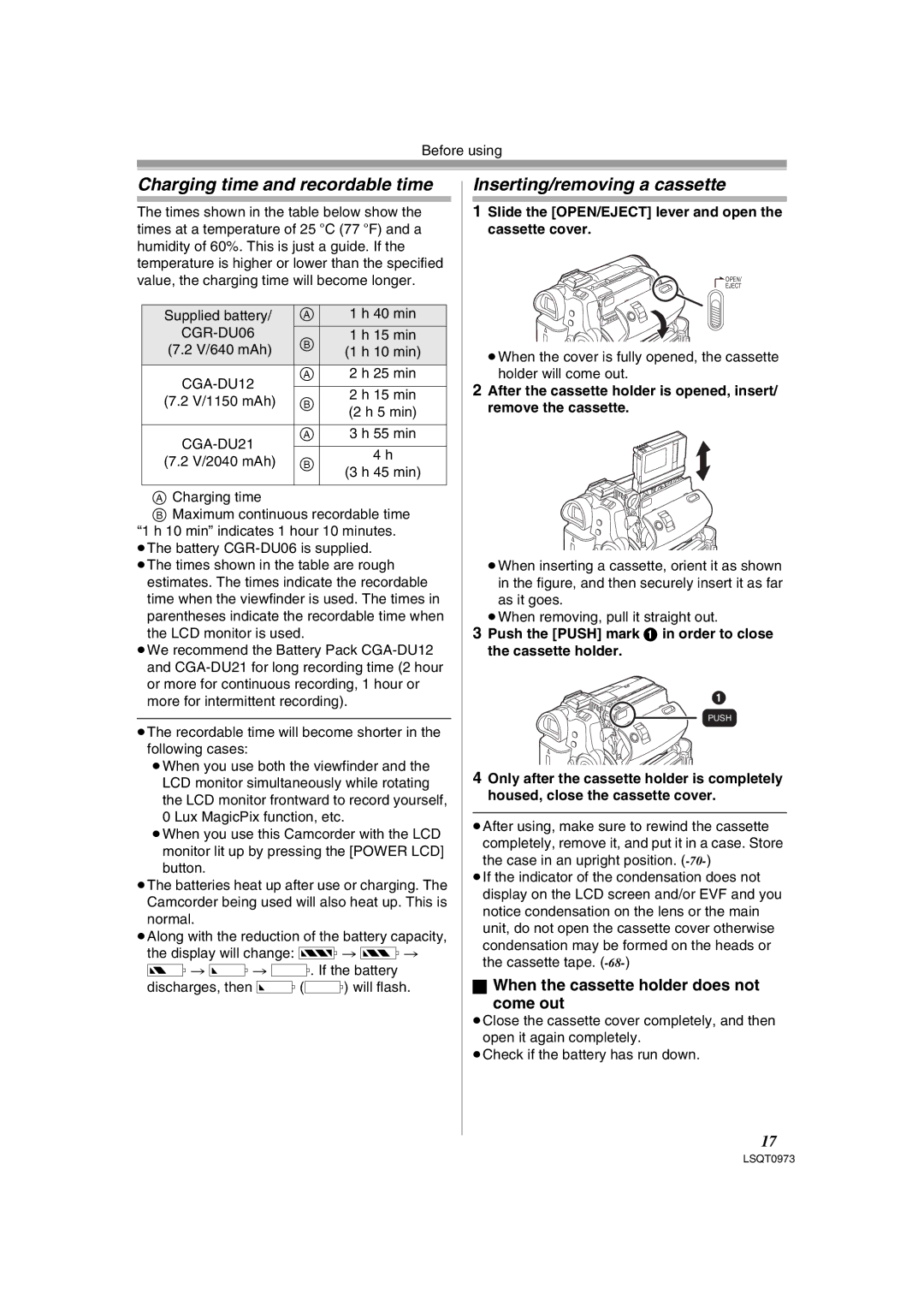 Panasonic PV-GS180 operating instructions Charging time and recordable time, Inserting/removing a cassette 