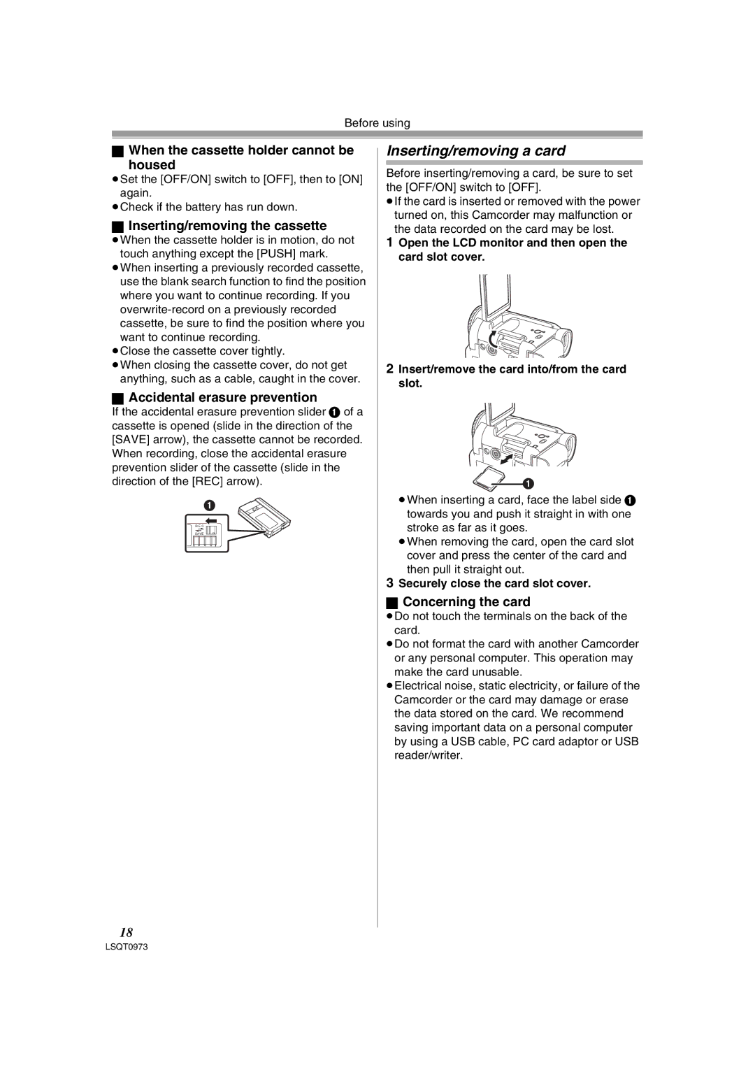 Panasonic PV-GS180 Inserting/removing a card, When the cassette holder cannot be Housed, Inserting/removing the cassette 