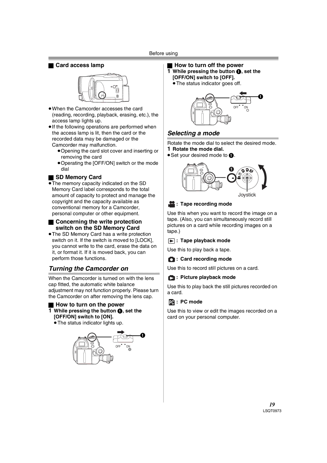 Panasonic PV-GS180 operating instructions Turning the Camcorder on, Selecting a mode, Card access lamp, SD Memory Card 