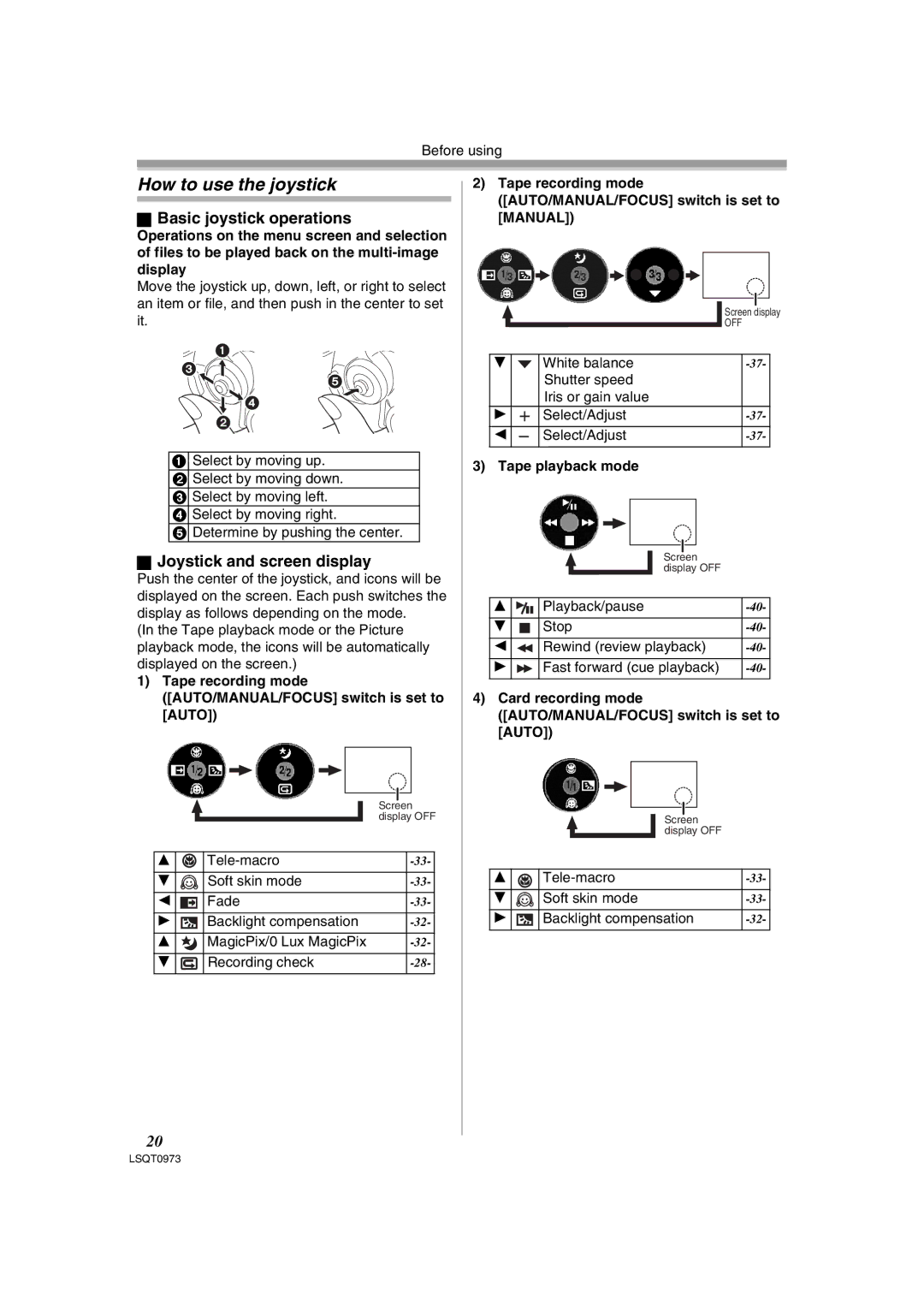 Panasonic PV-GS180 operating instructions How to use the joystick, Basic joystick operations, Joystick and screen display 