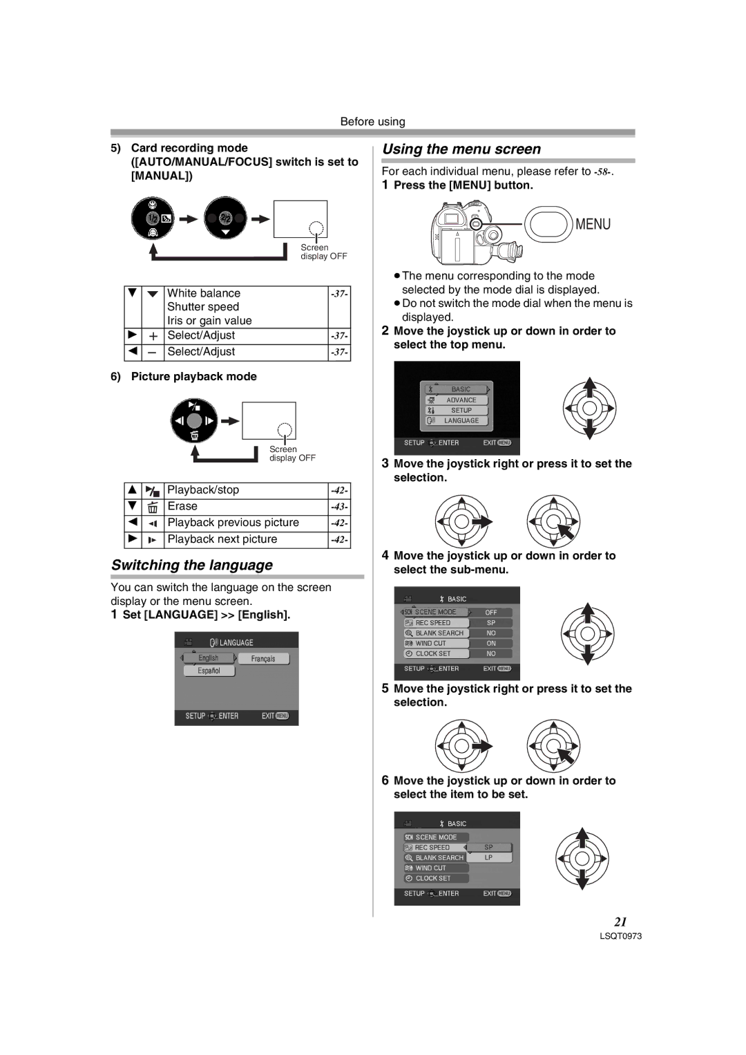 Panasonic PV-GS180 Switching the language, Using the menu screen, Set Language English, Press the Menu button 