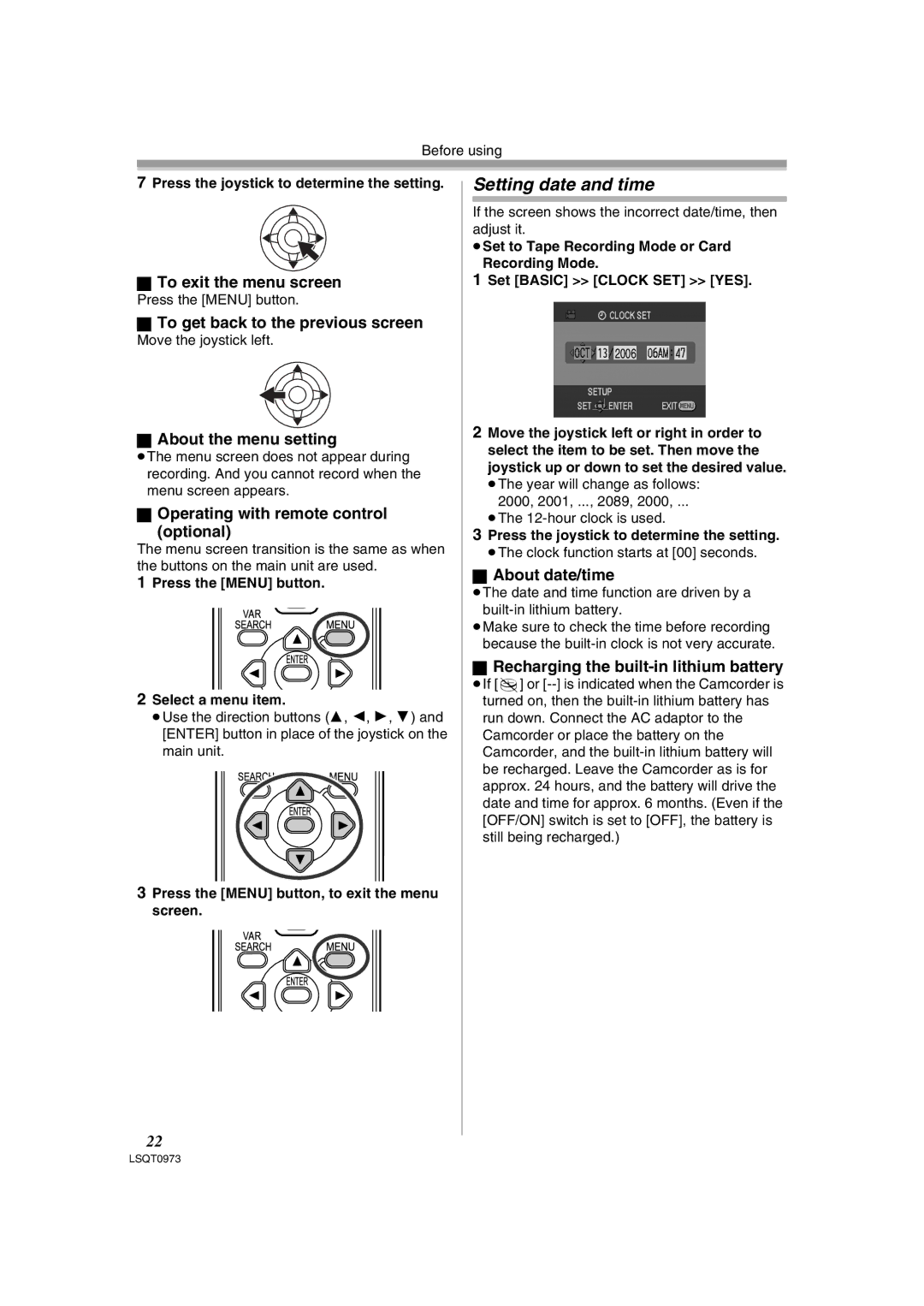 Panasonic PV-GS180 operating instructions Setting date and time 