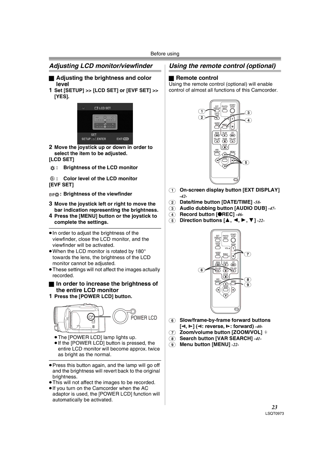 Panasonic PV-GS180 Adjusting LCD monitor/viewfinder, Using the remote control optional, Remote control 