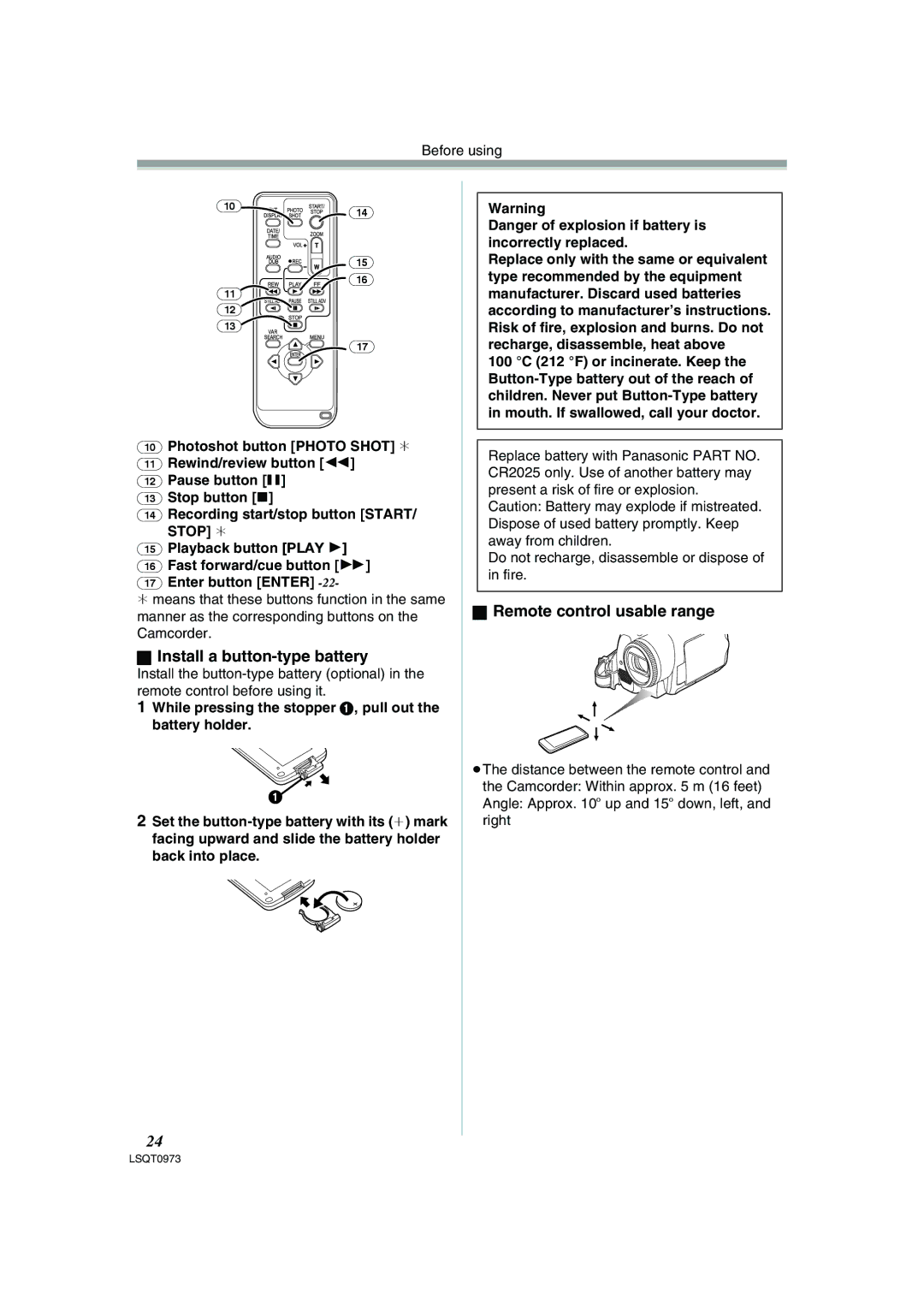 Panasonic PV-GS180 operating instructions Install a button-type battery, Remote control usable range 