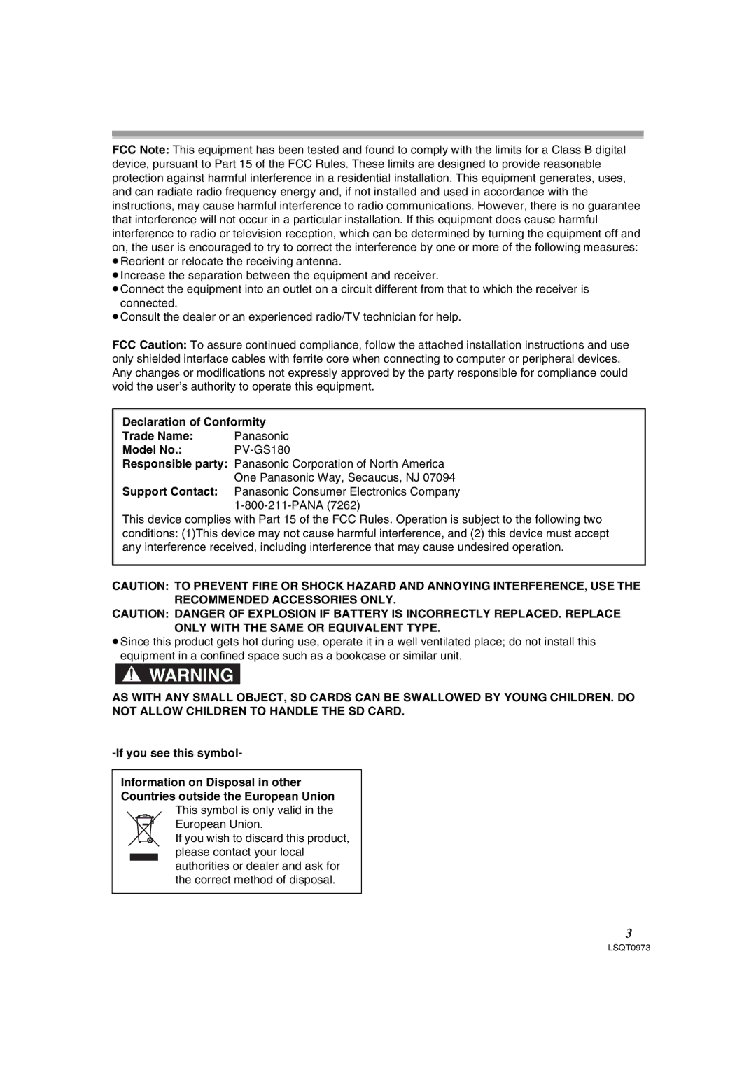 Panasonic PV-GS180 operating instructions LSQT0973 