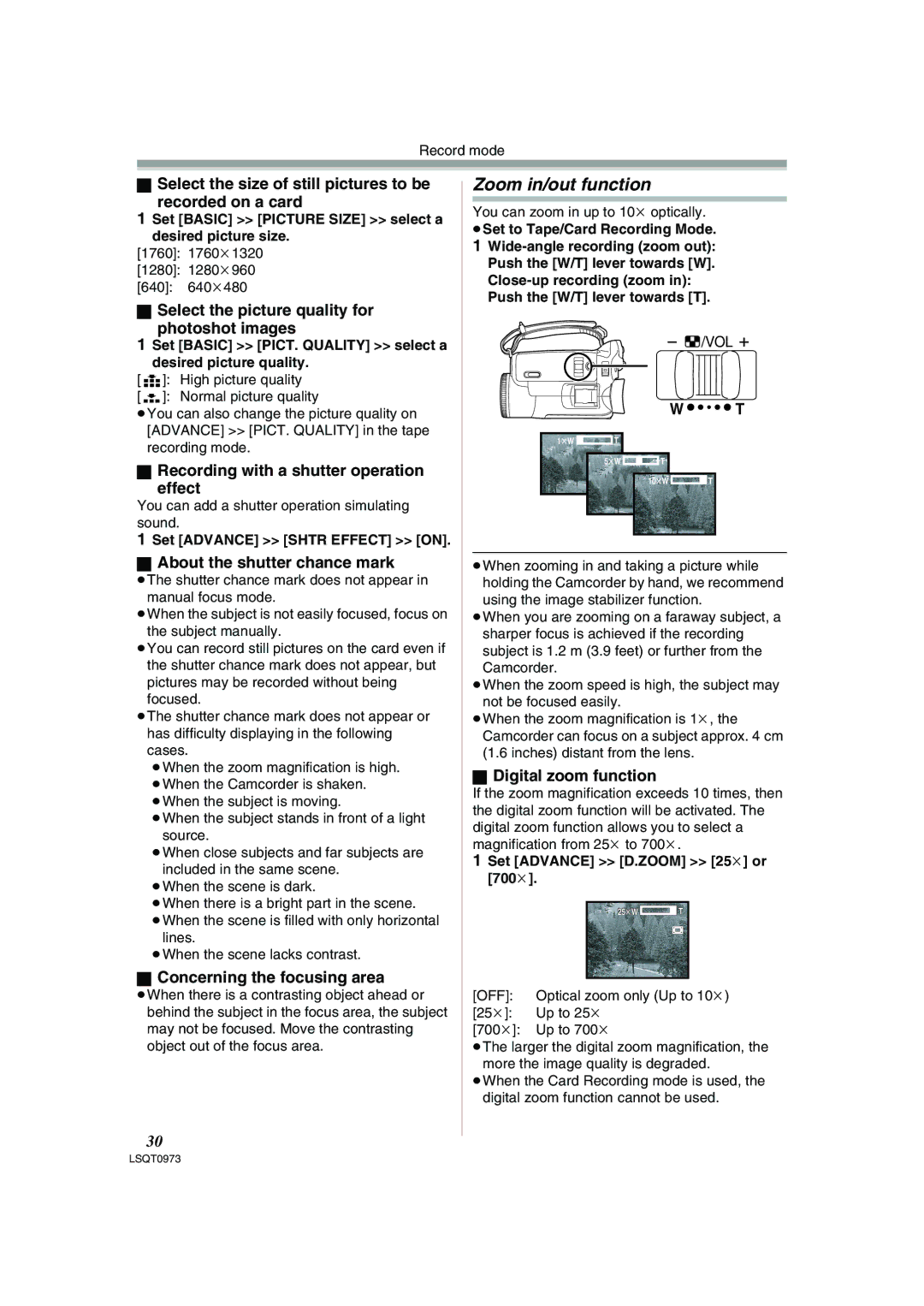 Panasonic PV-GS180 operating instructions Zoom in/out function 