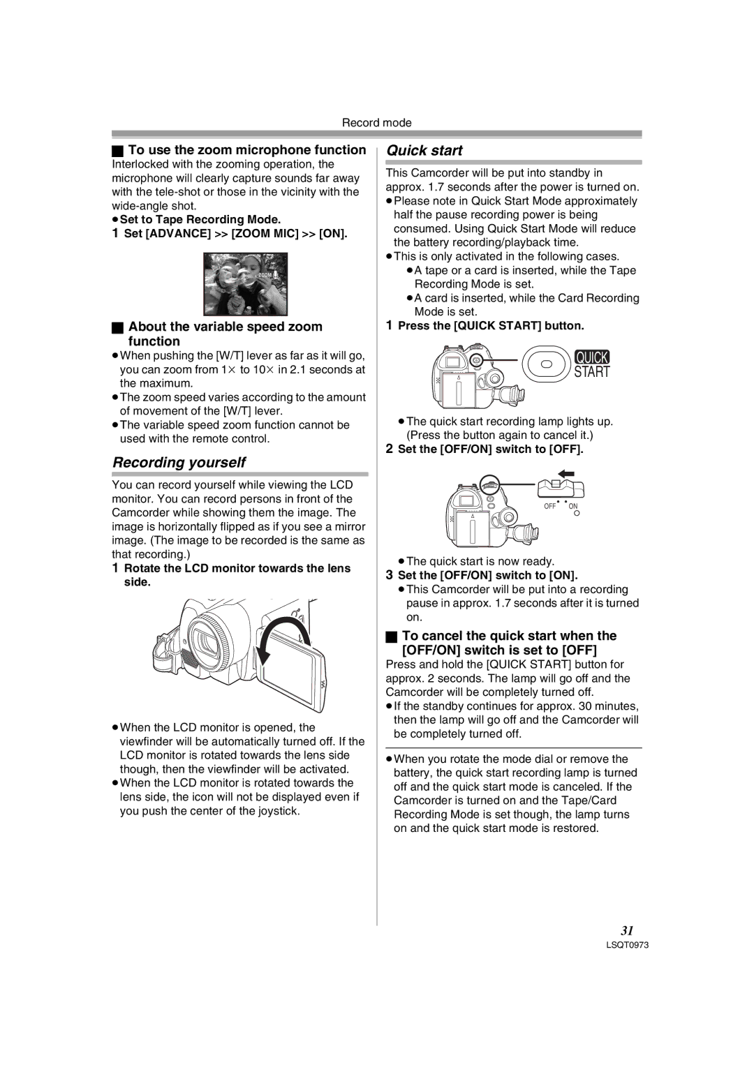 Panasonic PV-GS180 operating instructions Recording yourself, Quick start, To use the zoom microphone function 