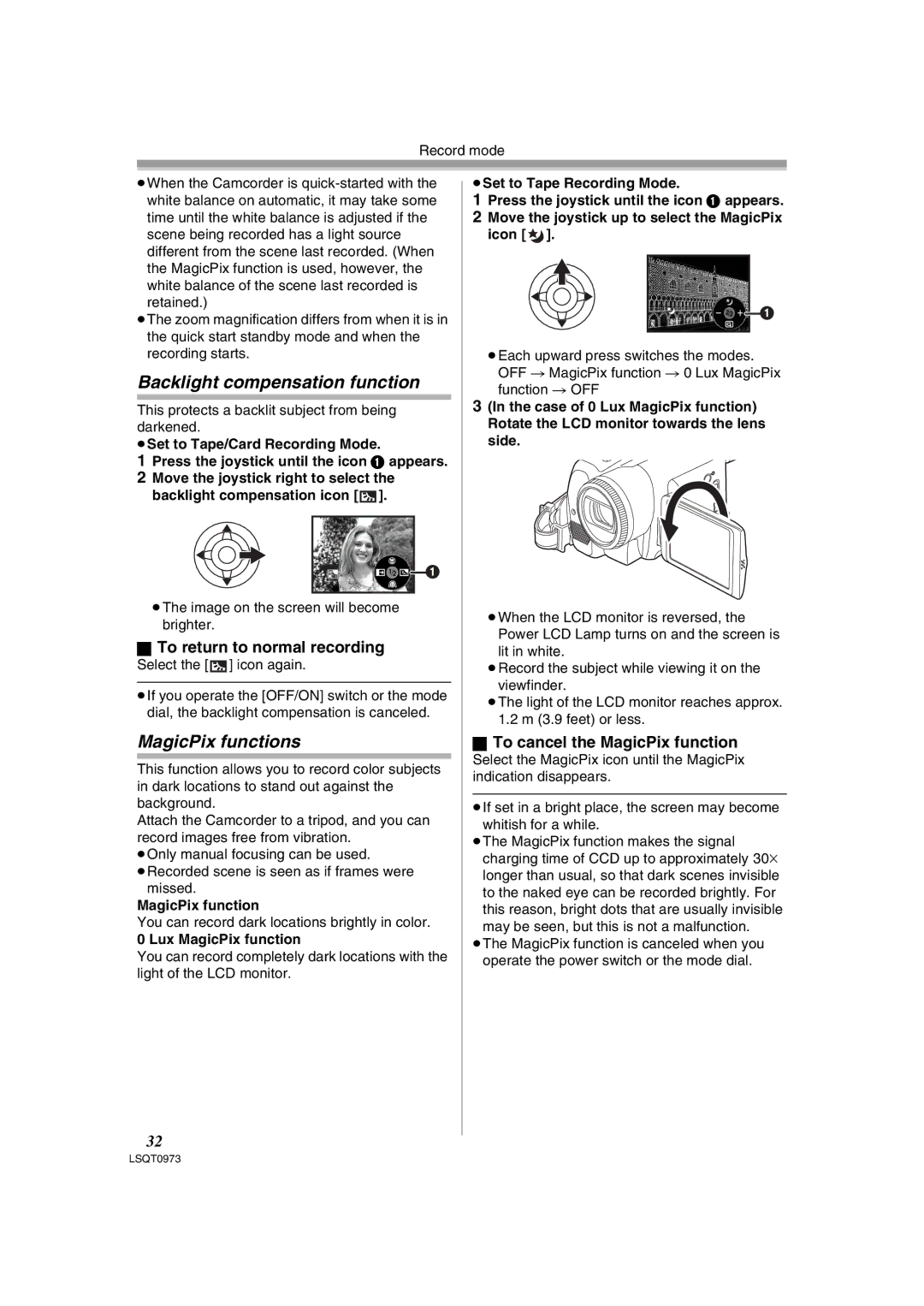 Panasonic PV-GS180 Backlight compensation function, MagicPix functions, To return to normal recording 