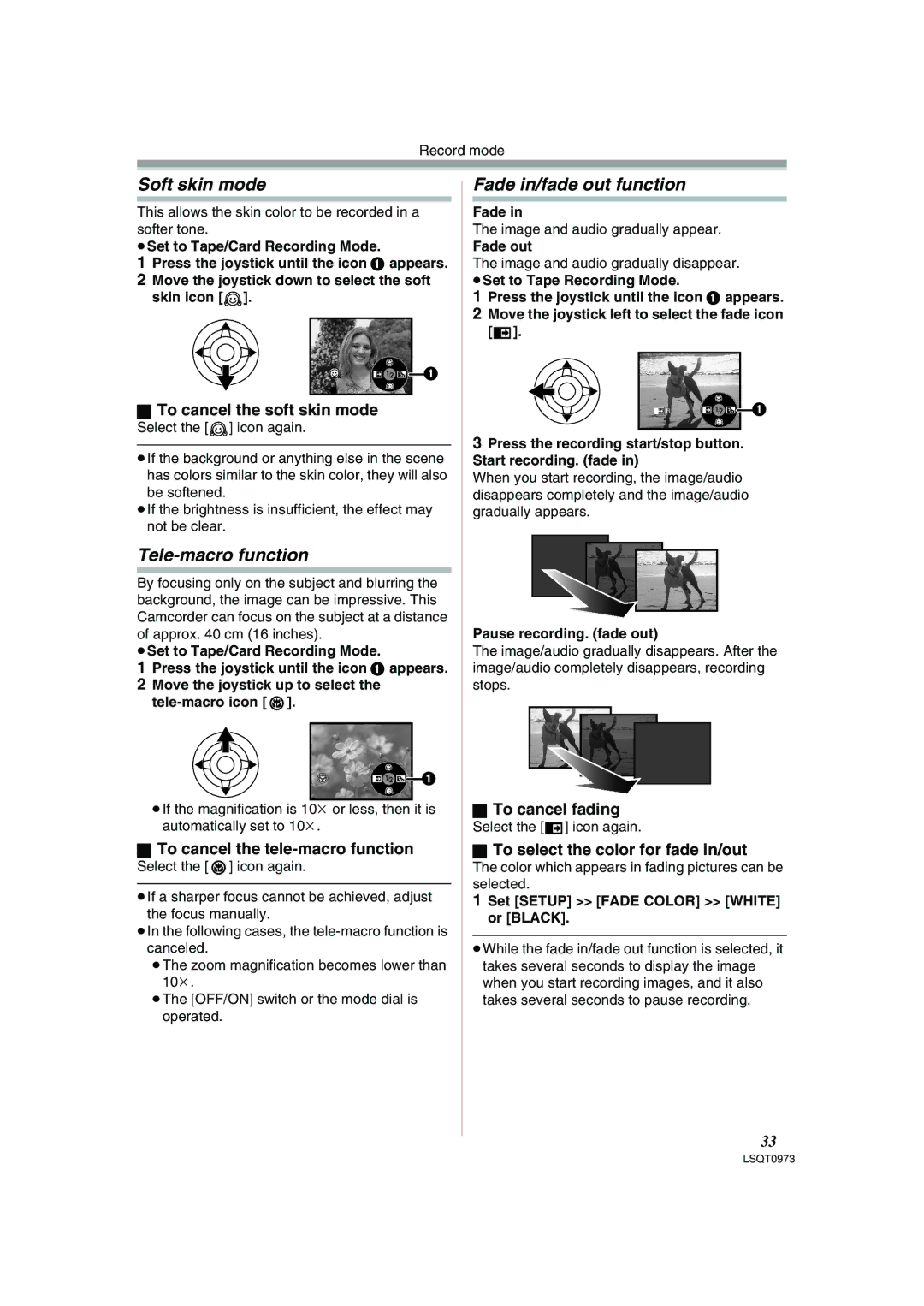 Panasonic PV-GS180 operating instructions Soft skin mode, Tele-macro function, Fade in/fade out function 