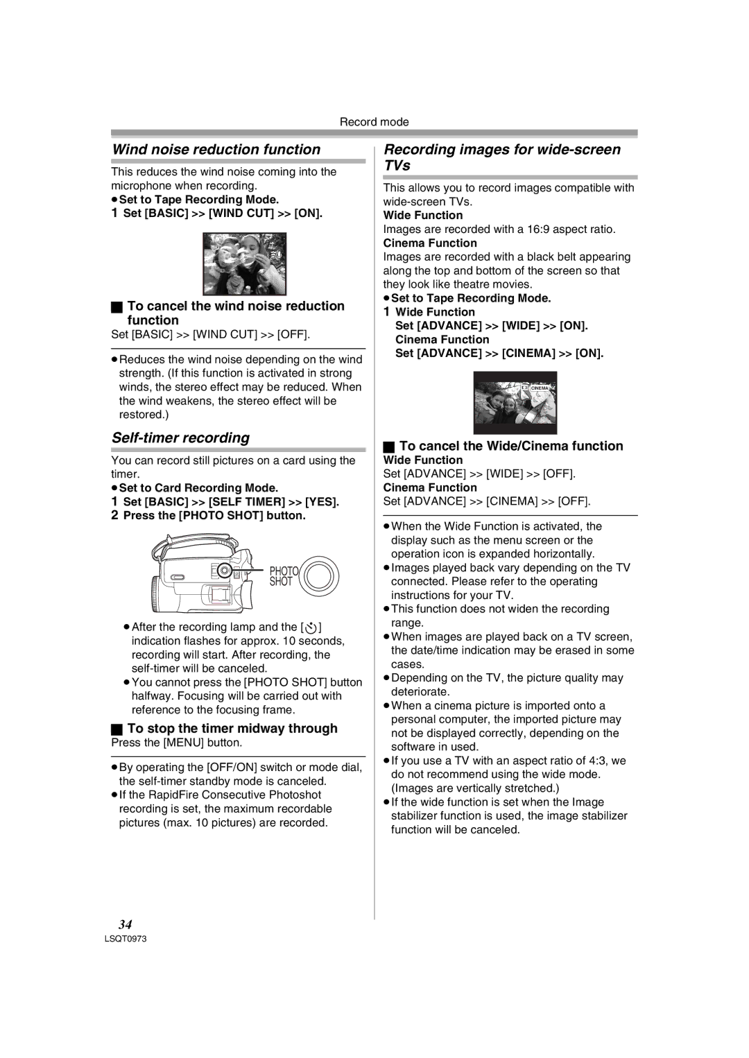 Panasonic PV-GS180 Wind noise reduction function, Self-timer recording, Recording images for wide-screen TVs 