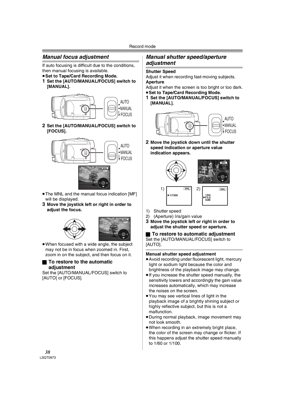 Panasonic PV-GS180 Manual focus adjustment, Manual shutter speed/aperture adjustment, To restore to automatic adjustment 