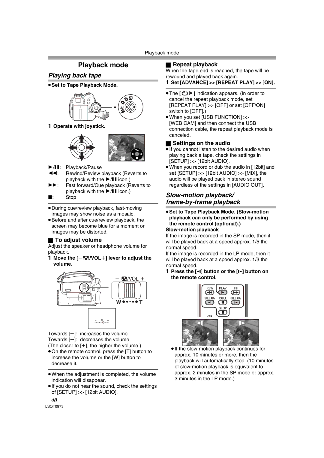 Panasonic PV-GS180 Playing back tape, Slow-motion playback/ frame-by-frame playback, To adjust volume, Repeat playback 