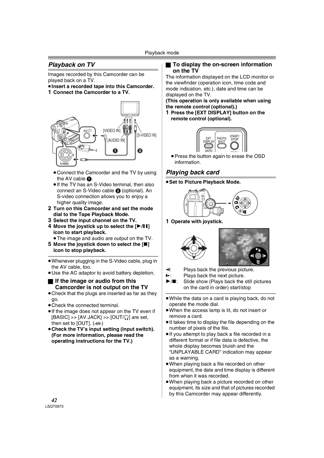 Panasonic PV-GS180 operating instructions Playback on TV, Playing back card, To display the on-screen information On the TV 