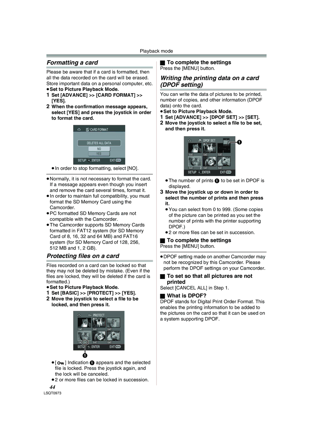 Panasonic PV-GS180 Formatting a card, Protecting files on a card, Writing the printing data on a card Dpof setting 