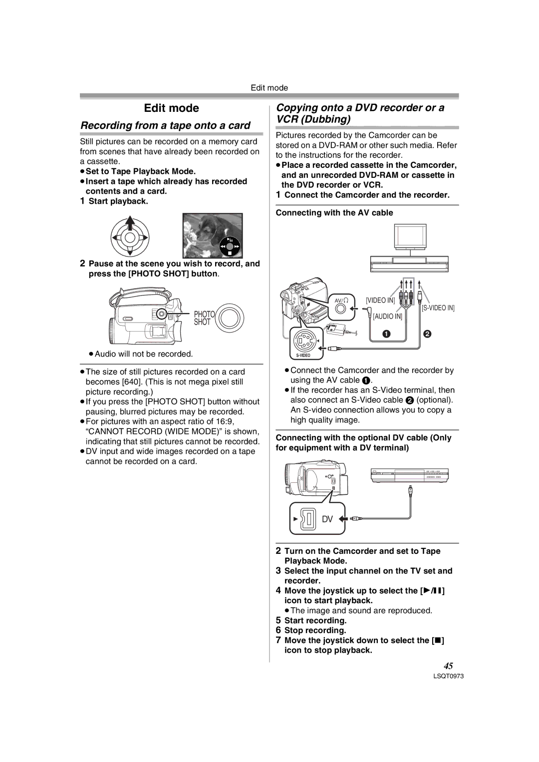 Panasonic PV-GS180 Recording from a tape onto a card, Copying onto a DVD recorder or a VCR Dubbing, Edit mode 