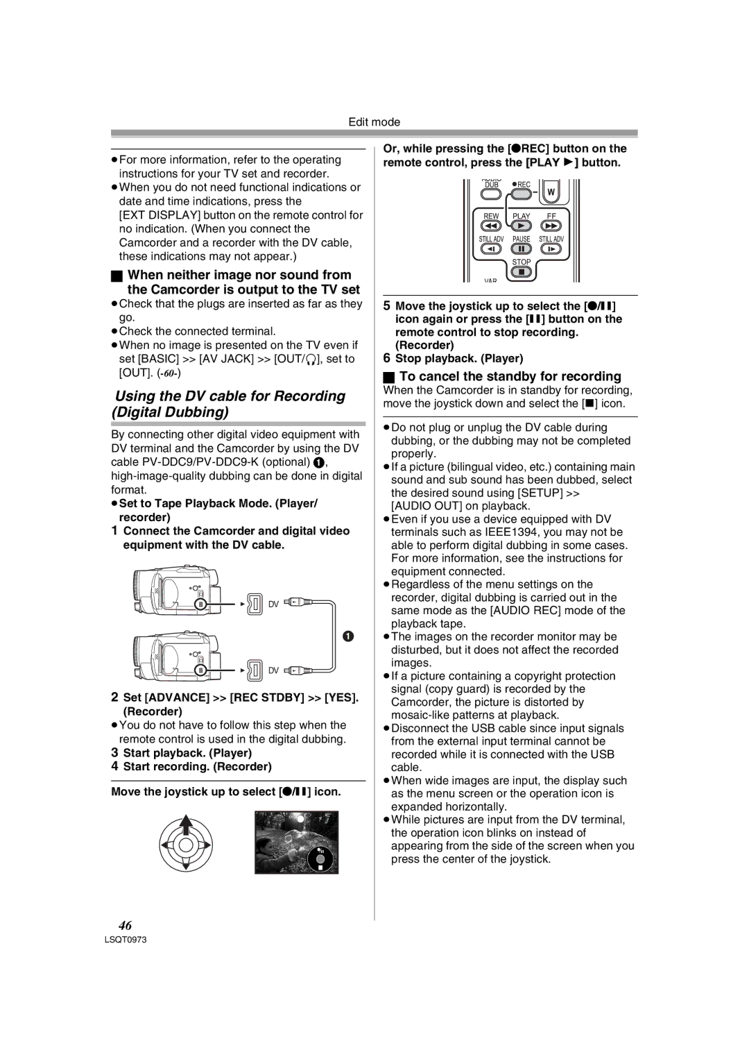 Panasonic PV-GS180 Using the DV cable for Recording Digital Dubbing, To cancel the standby for recording 