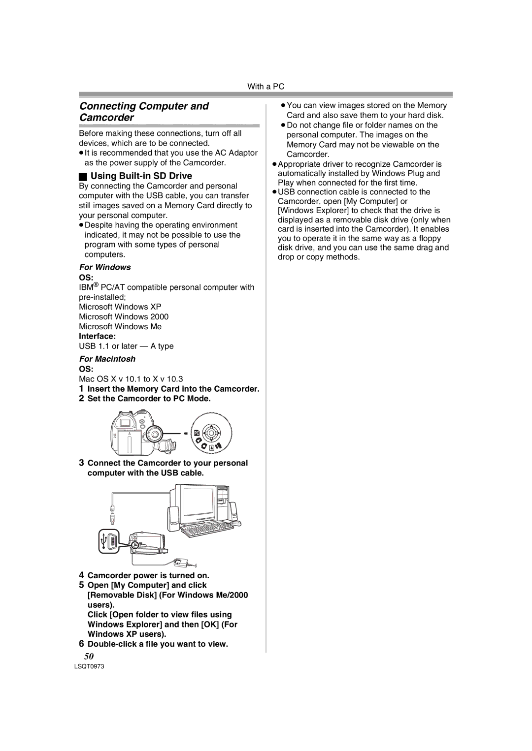 Panasonic PV-GS180 Connecting Computer Camcorder, Using Built-in SD Drive, Interface, Set the Camcorder to PC Mode 