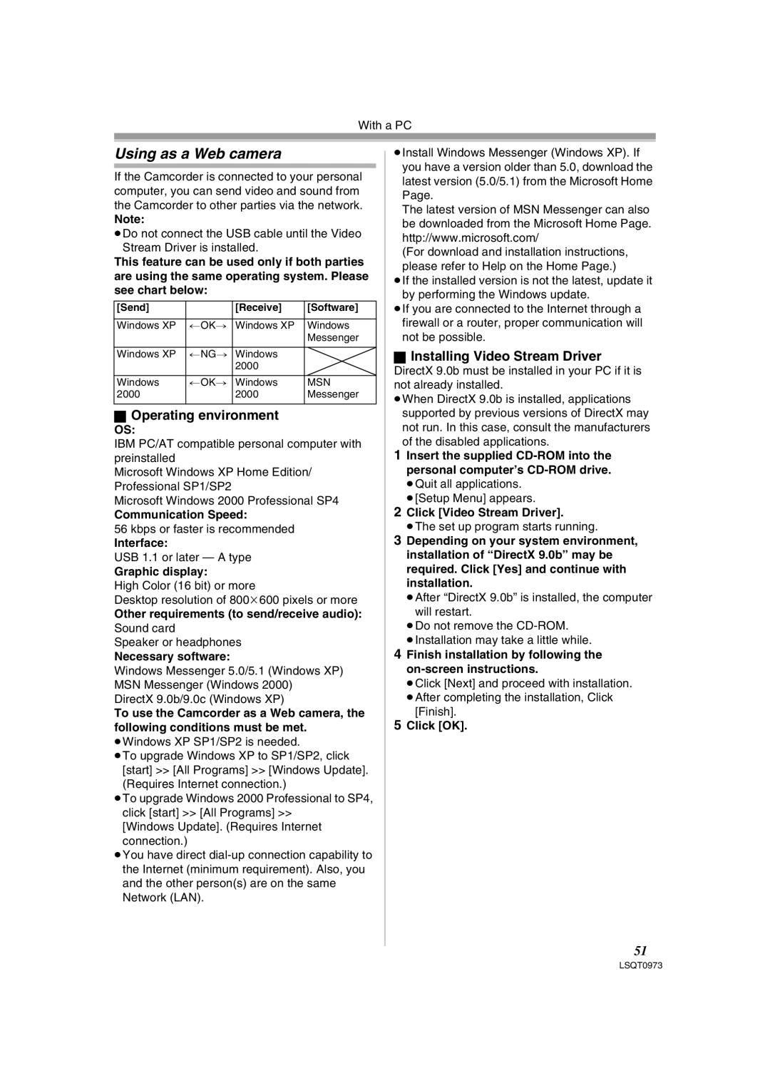 Panasonic PV-GS180 operating instructions Using as a Web camera, Operating environment, Installing Video Stream Driver 