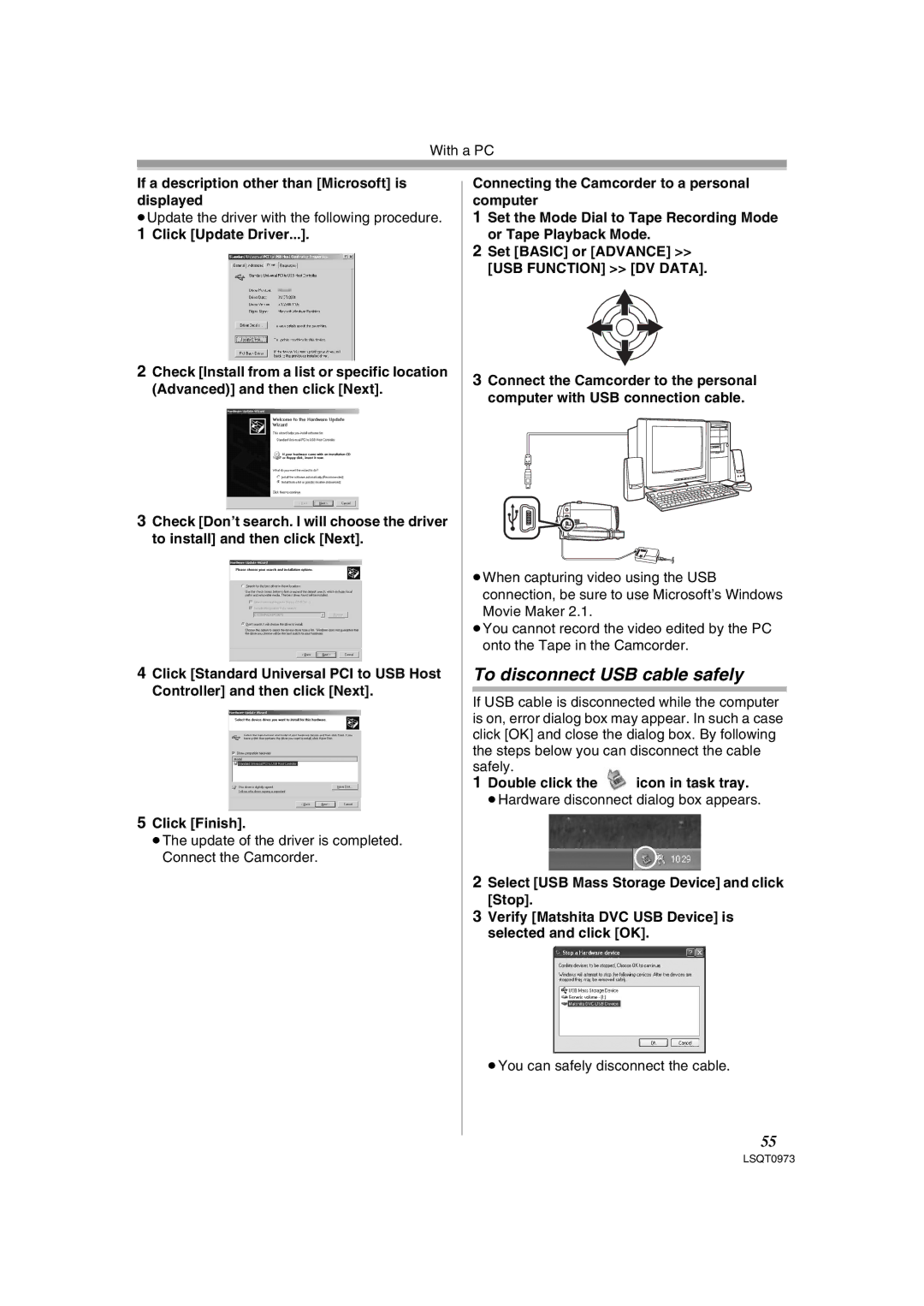 Panasonic PV-GS180 To disconnect USB cable safely, If a description other than Microsoft is displayed, Click Update Driver 