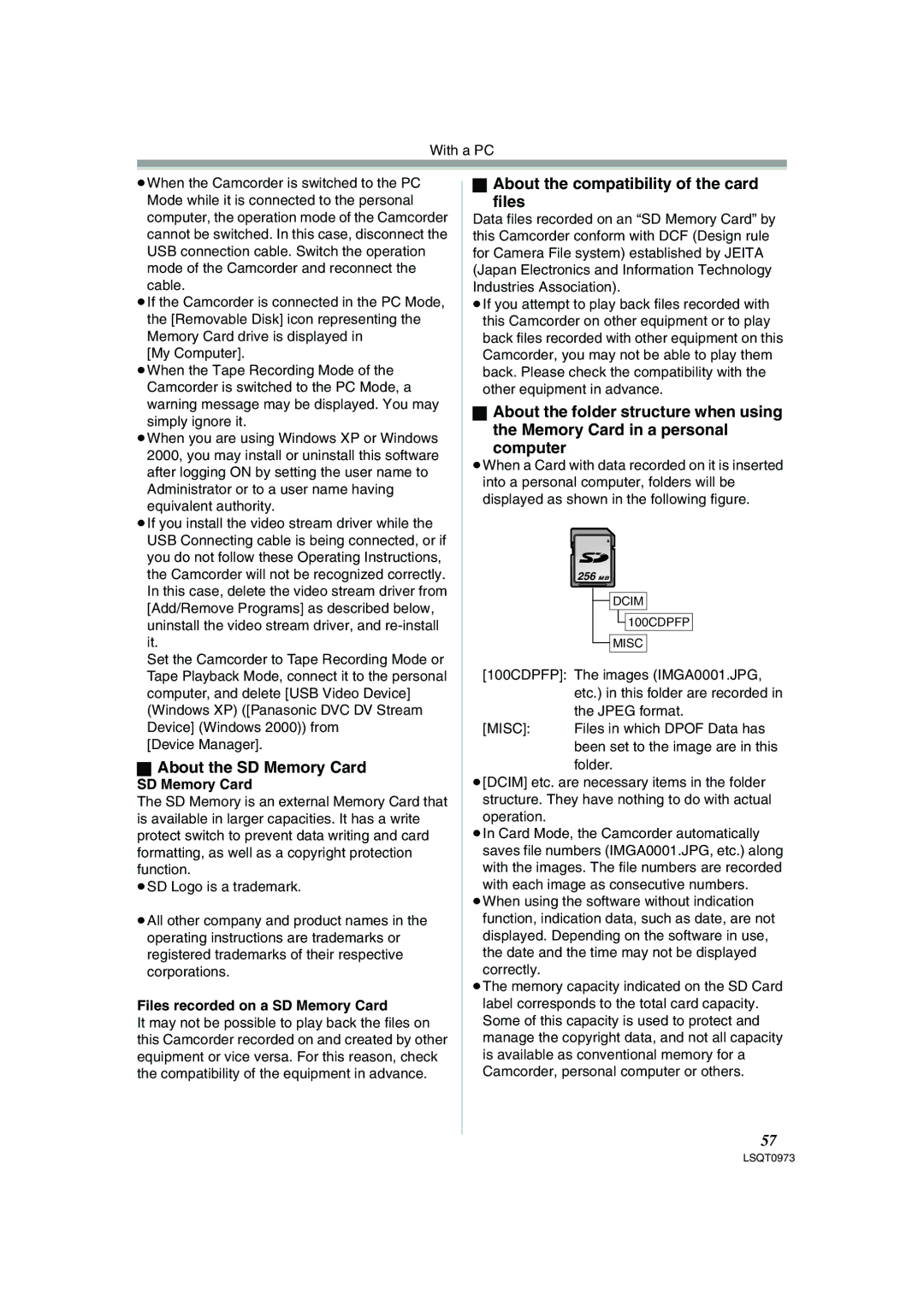 Panasonic PV-GS180 About the SD Memory Card, About the compatibility of the card Files, Files recorded on a SD Memory Card 