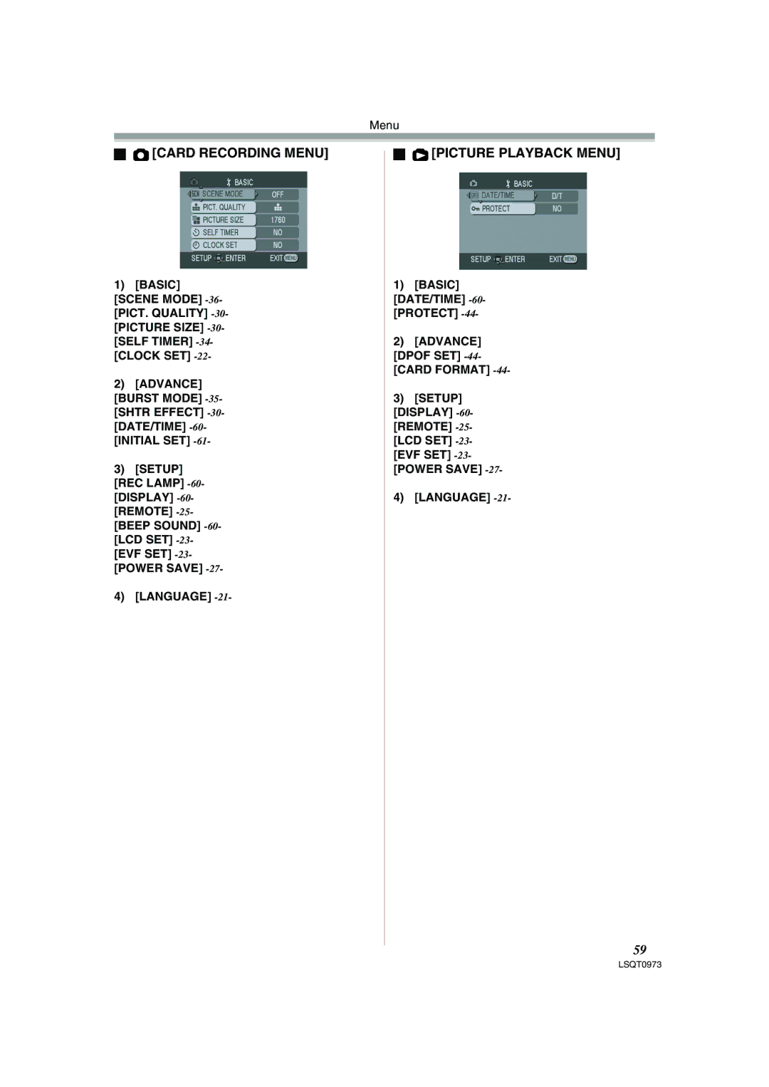 Panasonic PV-GS180 operating instructions Card Recording Menu, Picture Playback Menu, Basic DATE/TIME -60-PROTECT 