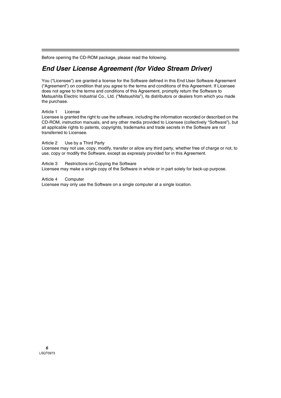 Panasonic PV-GS180 operating instructions End User License Agreement for Video Stream Driver 