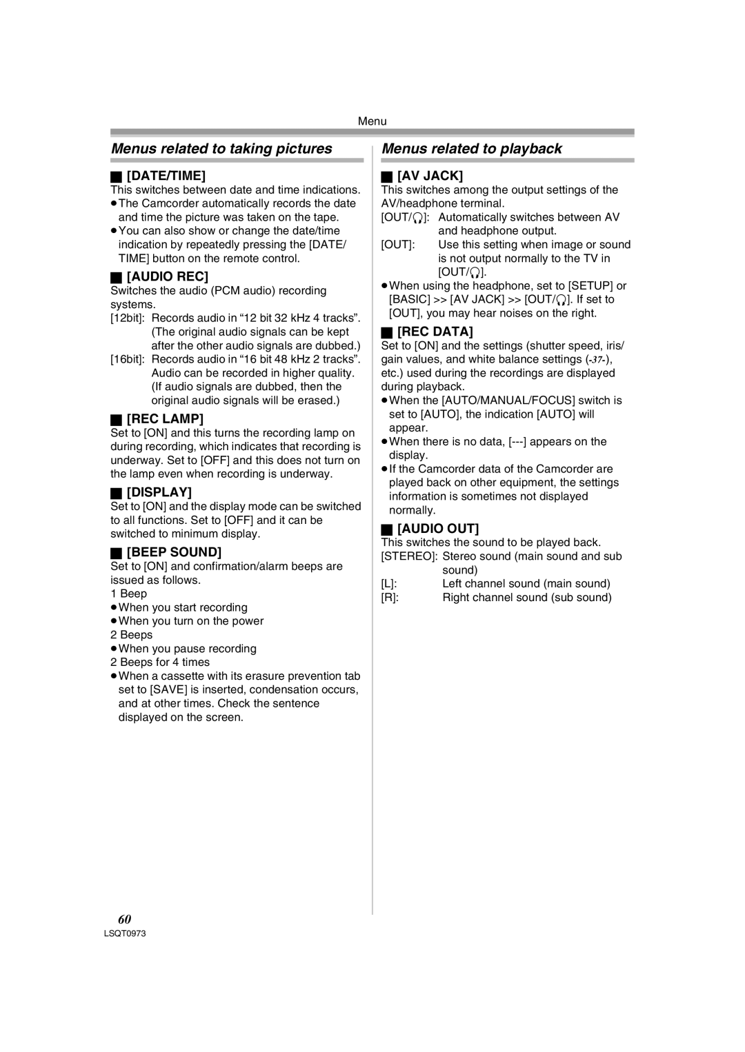 Panasonic PV-GS180 operating instructions Menus related to taking pictures, Menus related to playback 