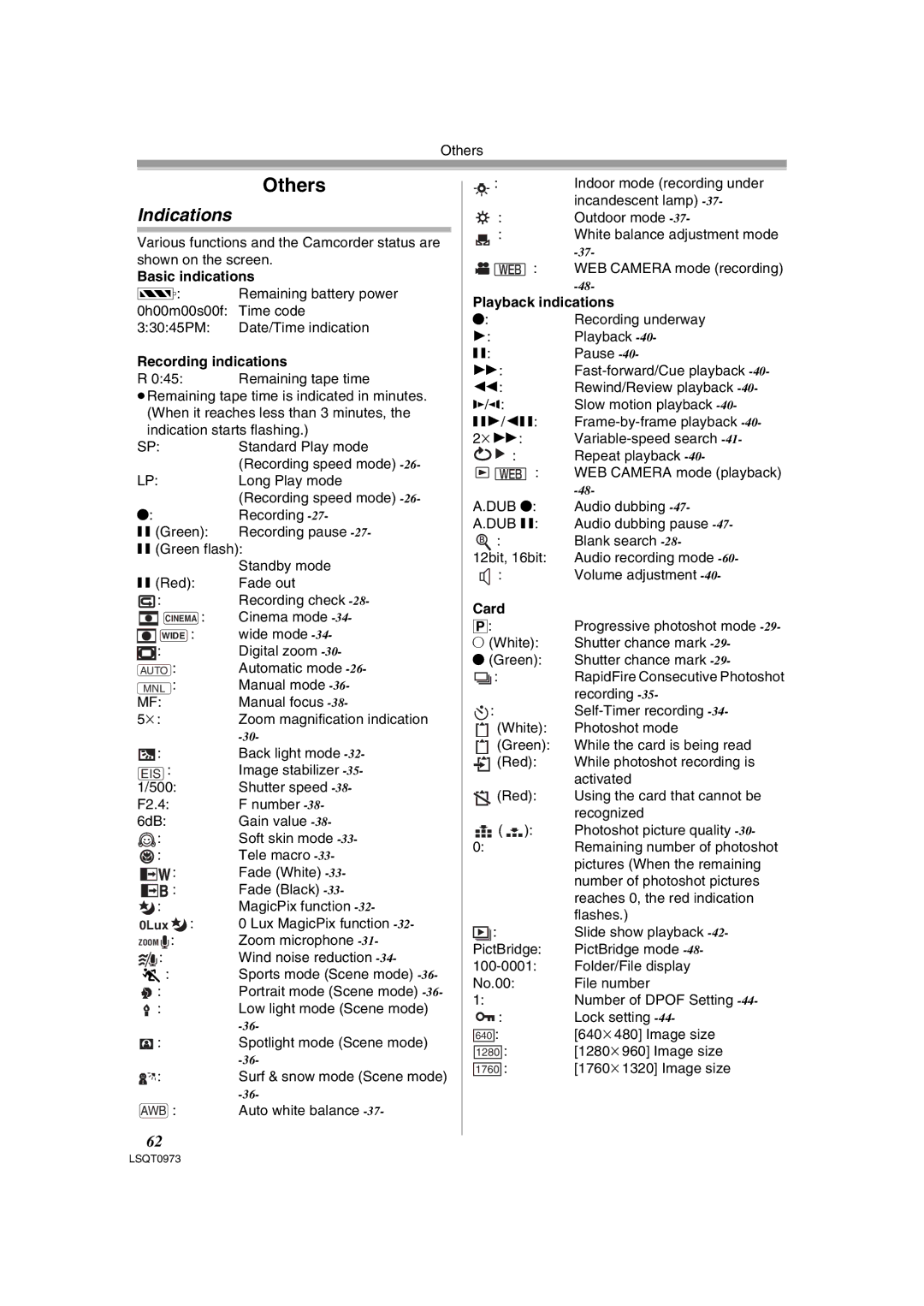 Panasonic PV-GS180 operating instructions Indications, Basic indications, Recording indications, Playback indications, Card 