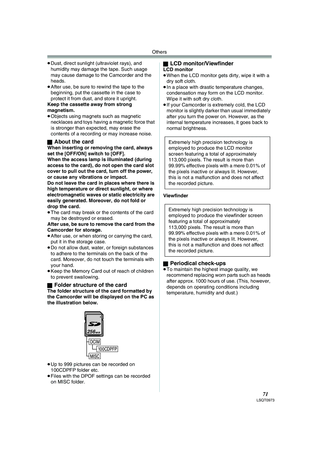 Panasonic PV-GS180 About the card, Folder structure of the card, LCD monitor/Viewfinder, Periodical check-ups 