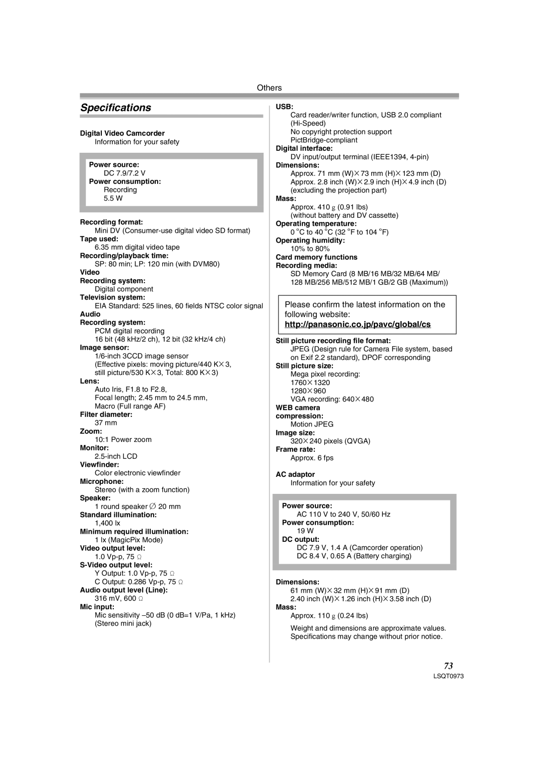 Panasonic PV-GS180 operating instructions Specifications, Http//panasonic.co.jp/pavc/global/cs 