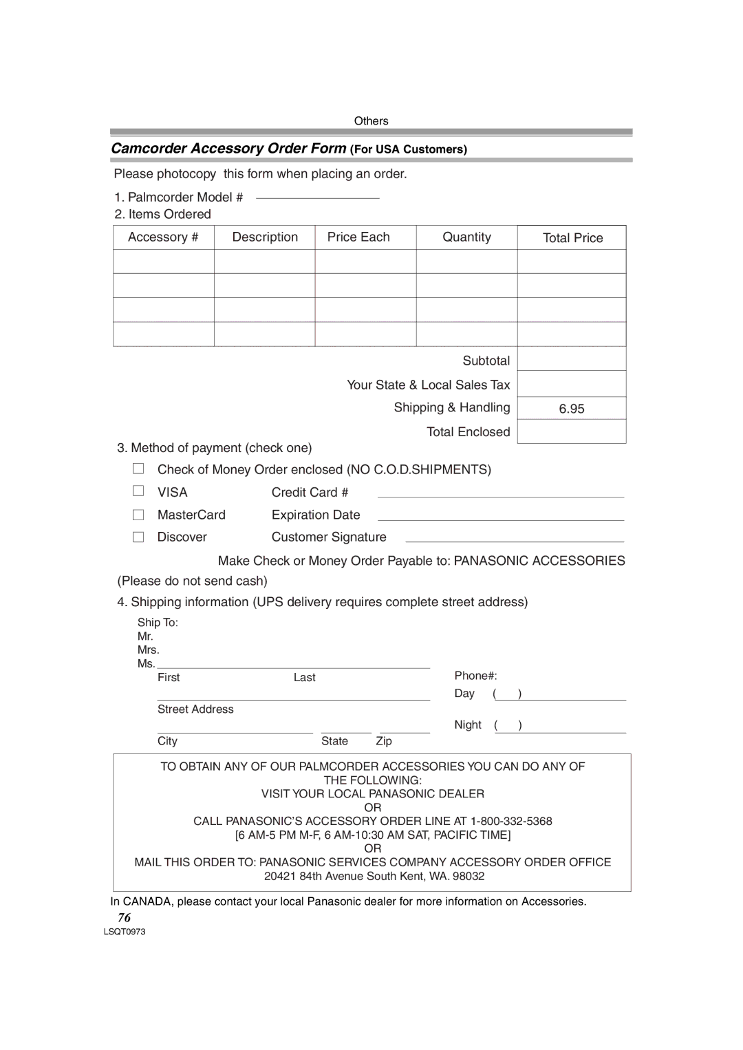 Panasonic PV-GS180 Camcorder Accessory Order Form For USA Customers, AM-5 PM M-F, 6 AM-1030 AM SAT, Pacific Time 