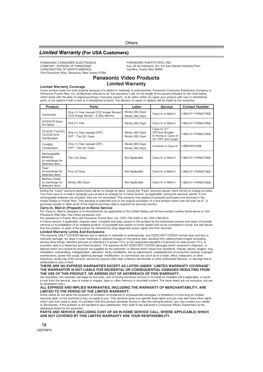 Panasonic PV-GS180 operating instructions Panasonic Video Products, Limited Warranty For USA Customers 