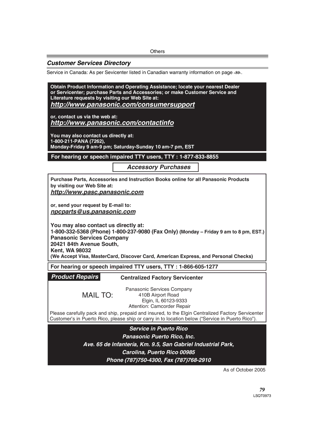 Panasonic PV-GS180 operating instructions Customer Services Directory, Accessory Purchases, Npcparts@us.panasonic.com 