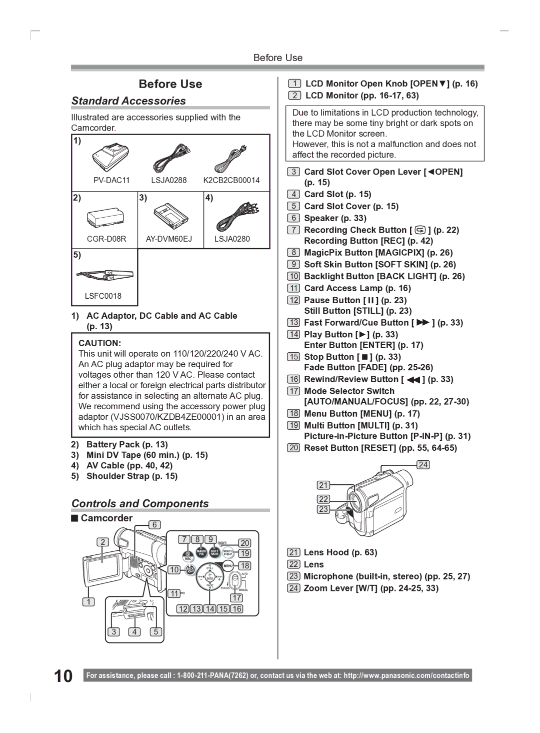 Panasonic PV-GS2 operating instructions Standard Accessories, Controls and Components, Camcorder 