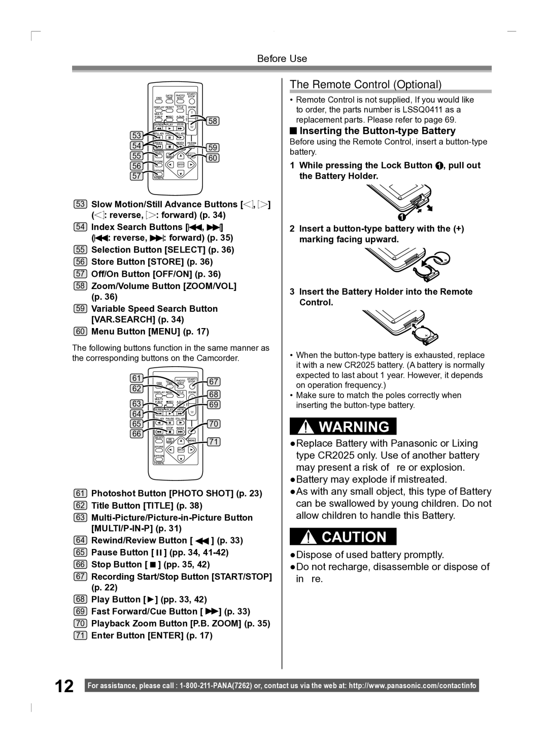 Panasonic PV-GS2 operating instructions Remote Control Optional, Inserting the Button-type Battery 