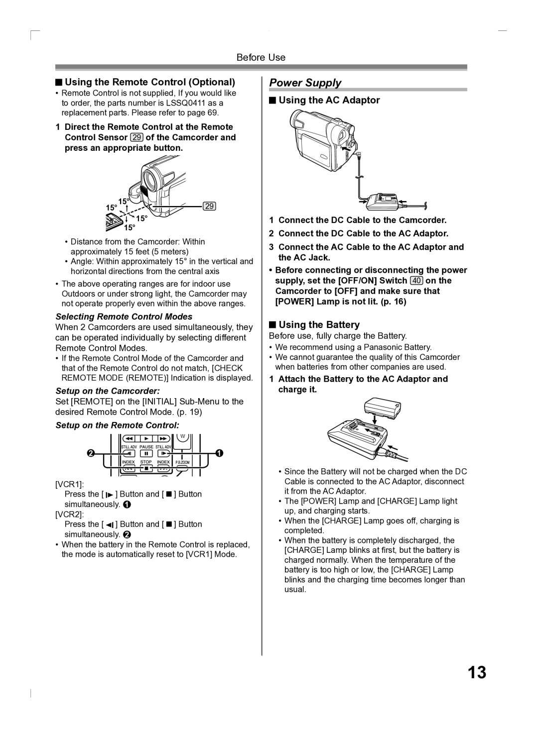 Panasonic PV-GS2 Power Supply, Using the Remote Control Optional, Using the AC Adaptor, Using the Battery 