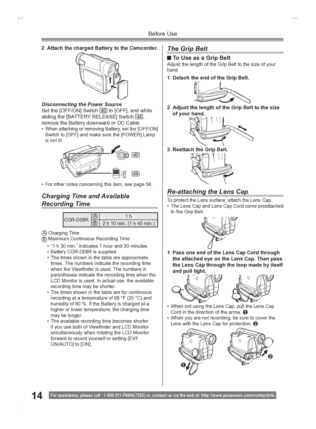 Panasonic PV-GS2 Charging Time and Available Recording Time, Re-attaching the Lens Cap, To Use as a Grip Belt 