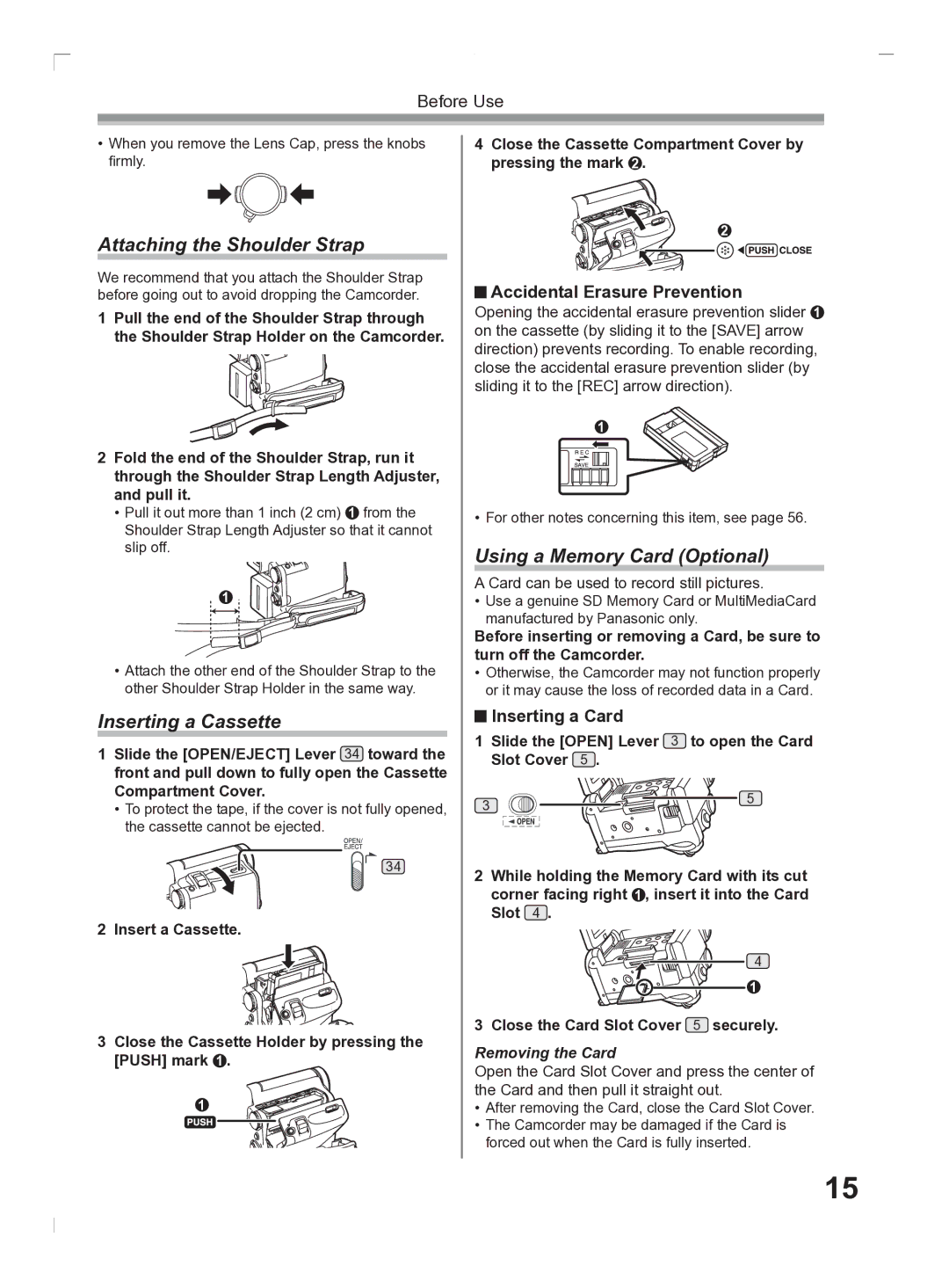 Panasonic PV-GS2 Attaching the Shoulder Strap, Inserting a Cassette, Using a Memory Card Optional, Removing the Card 