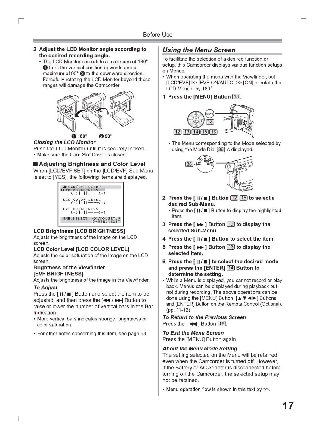 Panasonic PV-GS2 operating instructions Using the Menu Screen, Adjusting Brightness and Color Level 