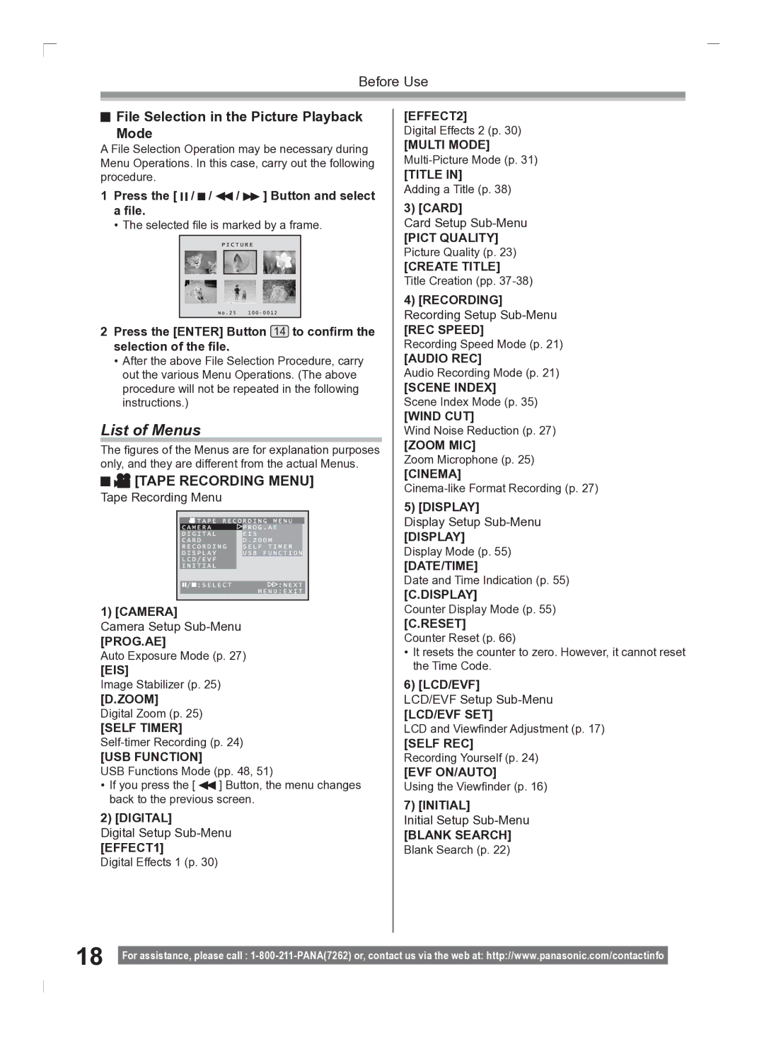 Panasonic PV-GS2 operating instructions List of Menus, File Selection in the Picture Playback Mode 