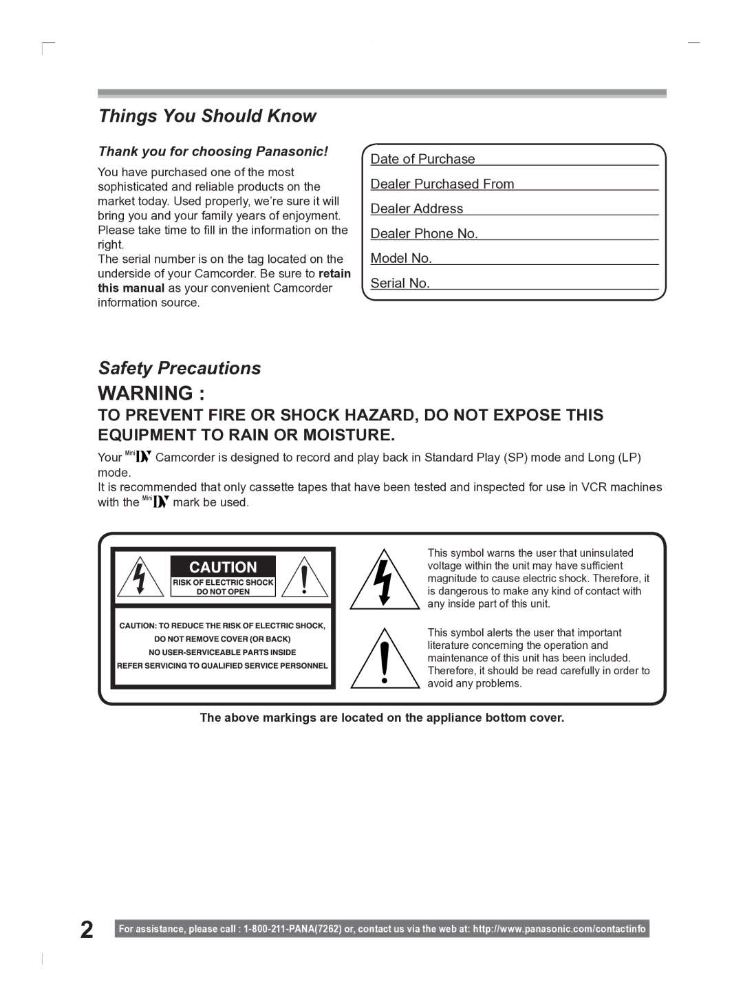 Panasonic PV-GS2 operating instructions Things You Should Know, Above markings are located on the appliance bottom cover 