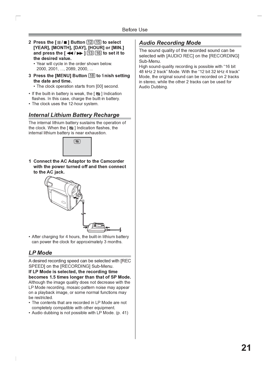 Panasonic PV-GS2 operating instructions Internal Lithium Battery Recharge, LP Mode, Audio Recording Mode 