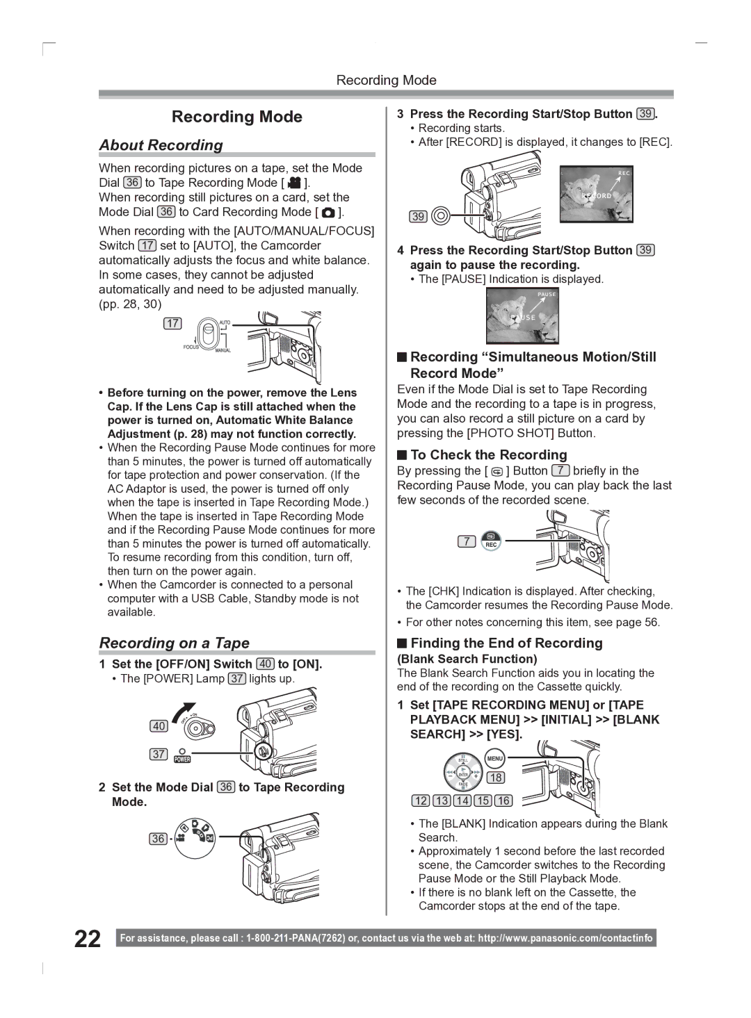 Panasonic PV-GS2 About Recording, Recording on a Tape, Recording Simultaneous Motion/Still Record Mode 