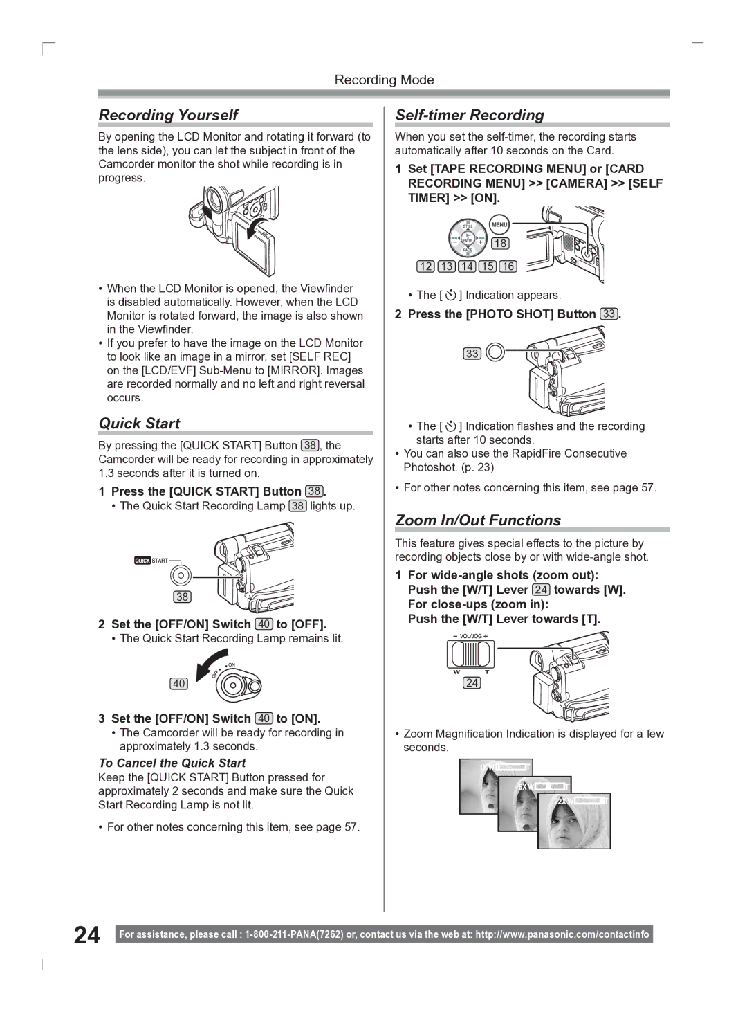 Panasonic PV-GS2 Recording Yourself, Self-timer Recording, Zoom In/Out Functions, To Cancel the Quick Start 