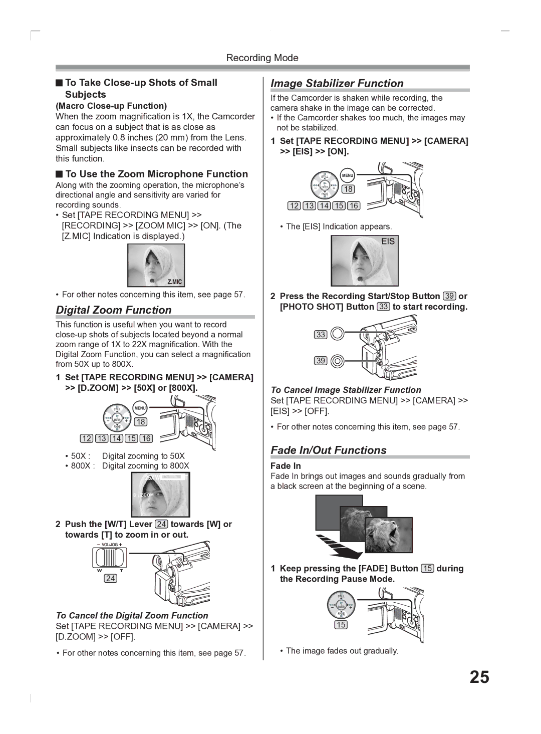 Panasonic PV-GS2 operating instructions Digital Zoom Function, Image Stabilizer Function, Fade In/Out Functions 