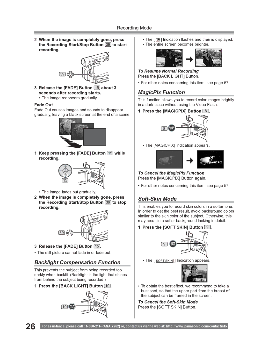 Panasonic PV-GS2 operating instructions Backlight Compensation Function, MagicPix Function, Soft-Skin Mode 